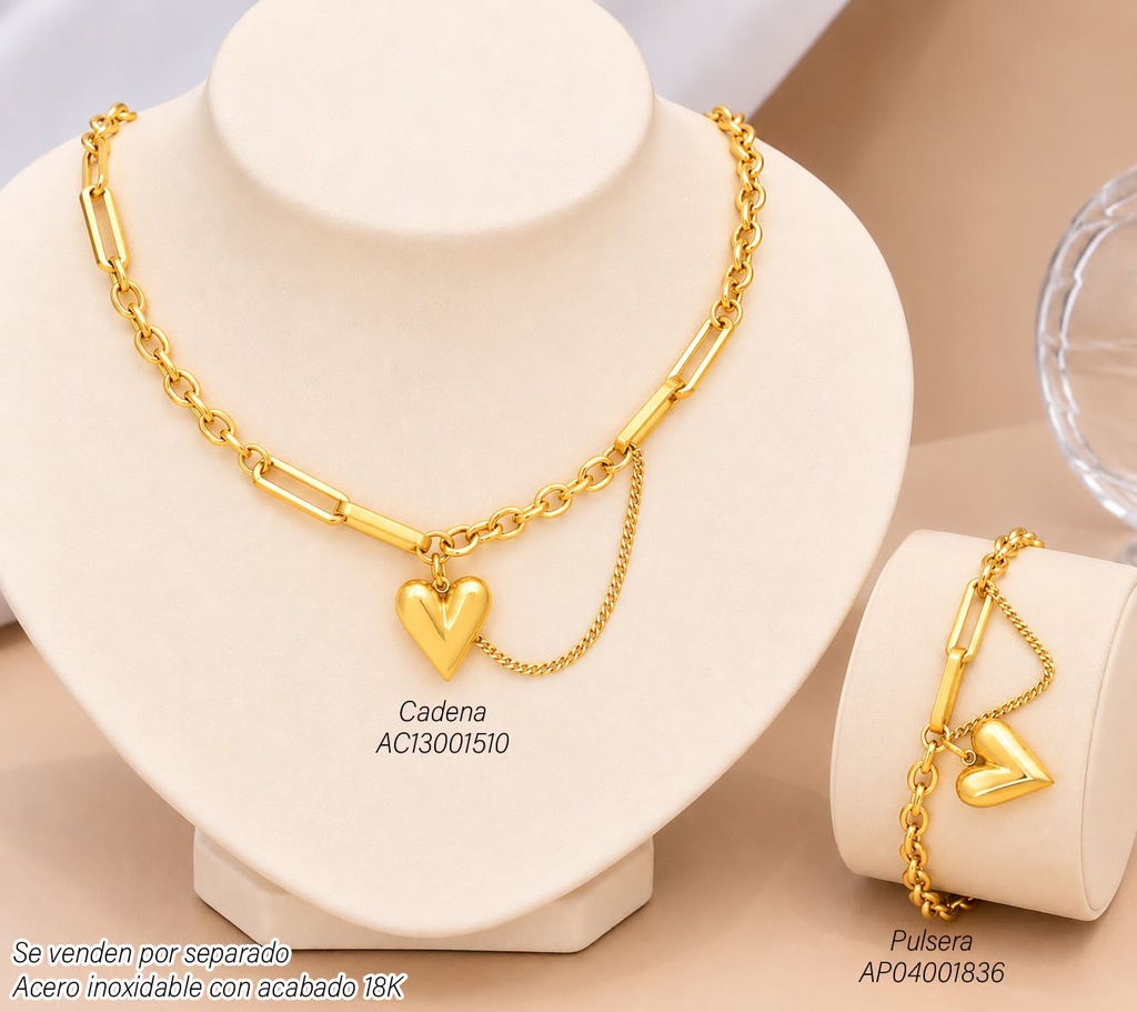 CADENA ACERO INOX. ACABADO 18K. CORAZON (167) VE26