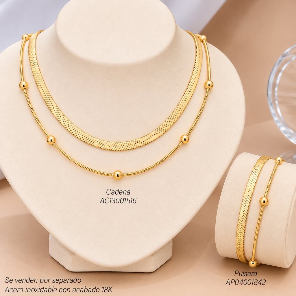 PULSERA ACERO INOX. ACABADO 18K. DOBLE/ESFERA (193) VE26