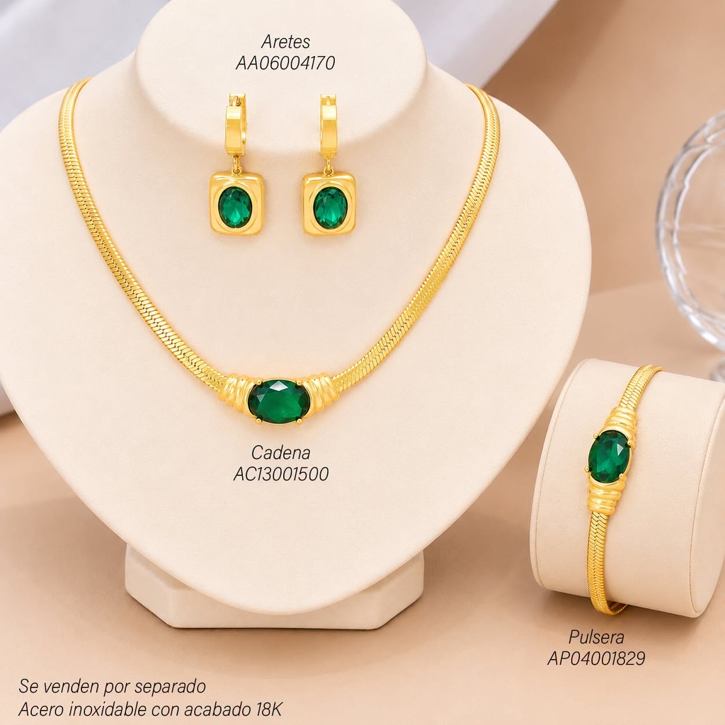 ARETES ACERO INOX. ACABADO 18K. OV/VERDE (141) VE26