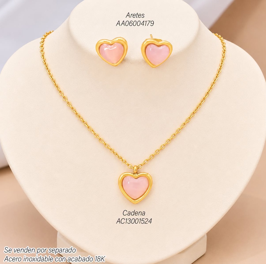 ARETES ACERO INOX. ACABADO 18K. CORAZON/ROSA HS-38 VE26