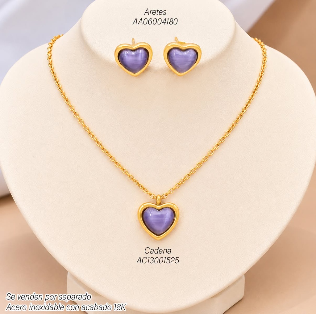 ARETES ACERO INOX. ACABADO 18K. CORAZON/LILA HS-39 VE26
