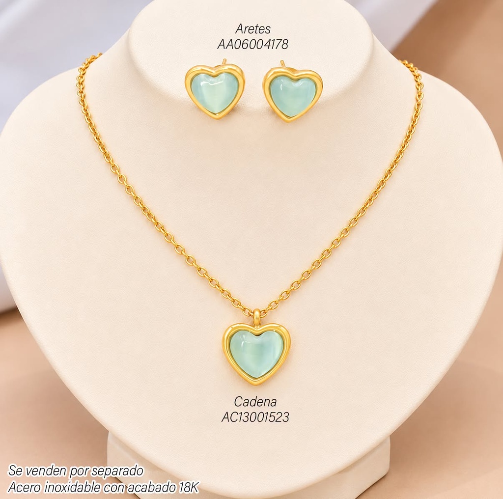 CADENA ACERO INOX. ACABADO 18K. CORAZON/CELESTE HS-25 VE26