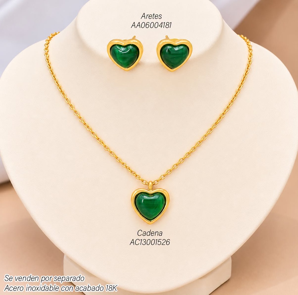 CADENA ACERO INOX. ACABADO 18K. CORAZON/VERDE HS-45 VE26
