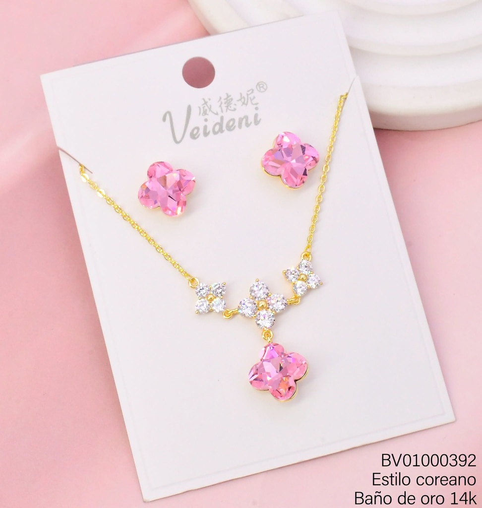 SET BAÑO DE ORO 14K.ZIRC. FLOR ROSADA WTZ-697 (2VEI211026)