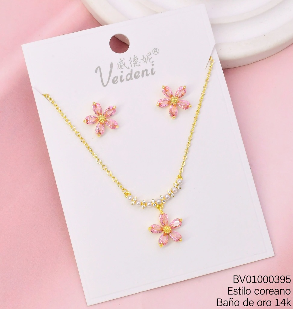 SET BAÑO DE ORO 14K. FLOR ZIRC.ROSADA WTZ-317 (2VEI211026)