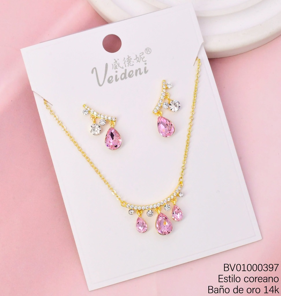 SET BAÑO DE ORO 14K. GOTAS ROSADAS ZIRCONIAS WTZ-676 (2VEI211026)
