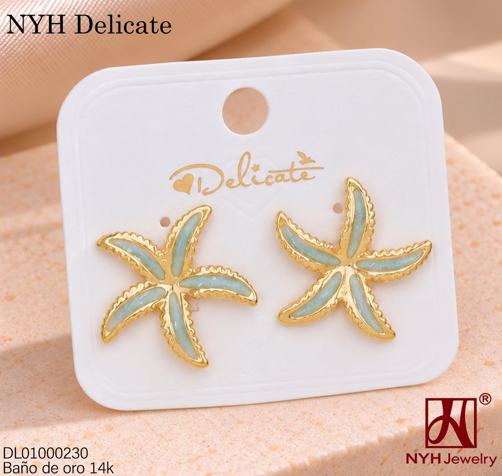 ARETES BAÑO DE ORO 14K. ESTRELLA DE MAR ESMALTADA CELESTE GSH1482A (DEL211026)
