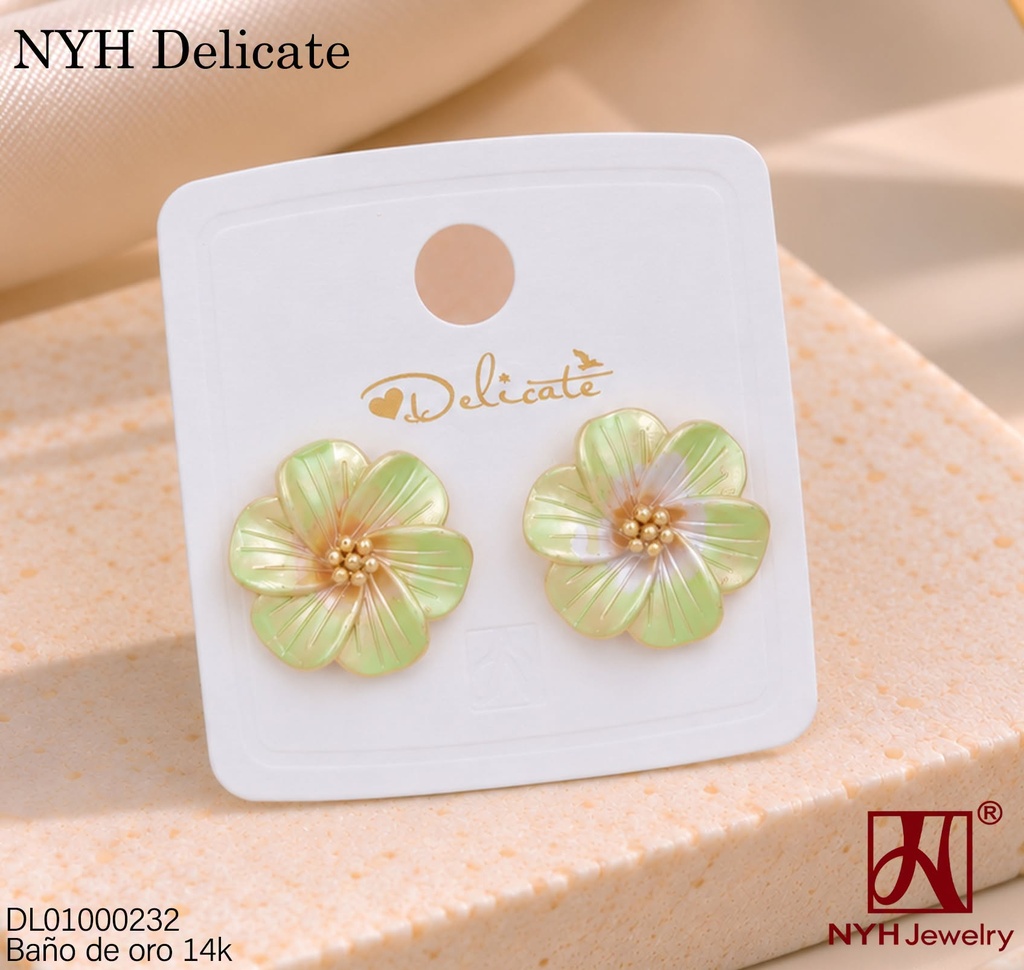 ARETES BAÑO DE ORO 14K.  FLOR VERDE C/ROSADO XJST462A (DEL211026)