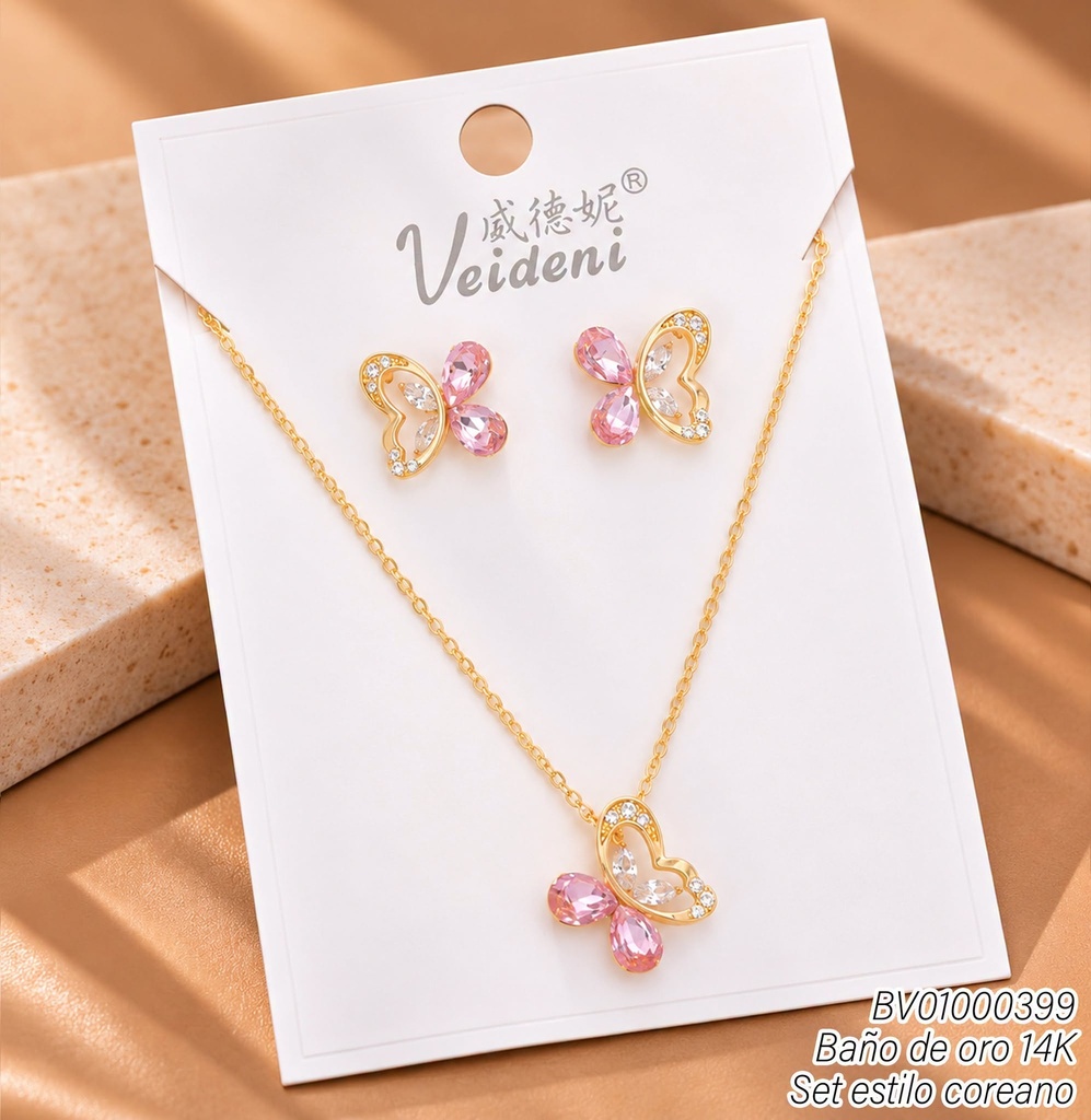SET BAÑO DE ORO 14K.MARIPOSAS ZIRC.ROSADAS-CROQUI WTZ-294 (VEI211026)