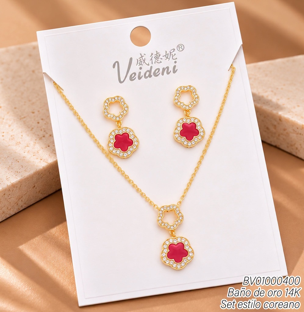 SET BAÑO DE ORO 14K.VAN CLEEF ROJO-ZIRC.WTZ-558 (VEI211026)