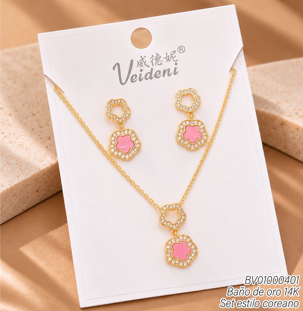 SET BAÑO DE ORO 14K.VAN CLEEF ROSADO-ZIRC.WTZ-558 (VEI211026)