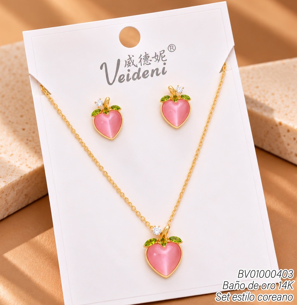 SET BAÑO DE ORO 14K.FRESA ZIRC.ROSADAS WTZ-518 (VEI211026)