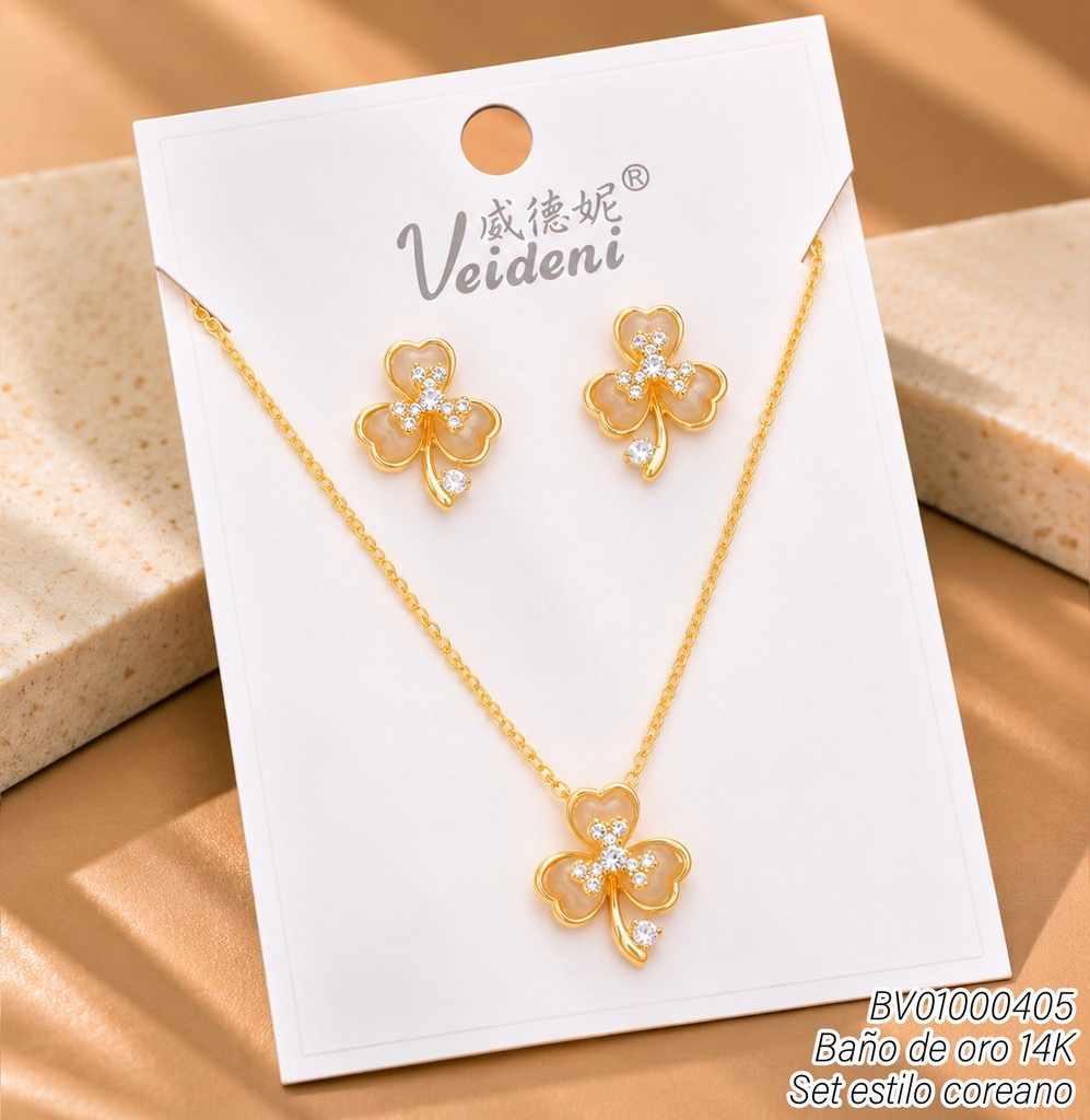 SET BAÑO DE ORO 14K.TREBOL 3 HOJAS BEIGE WTZ-567 (VEI211026)
