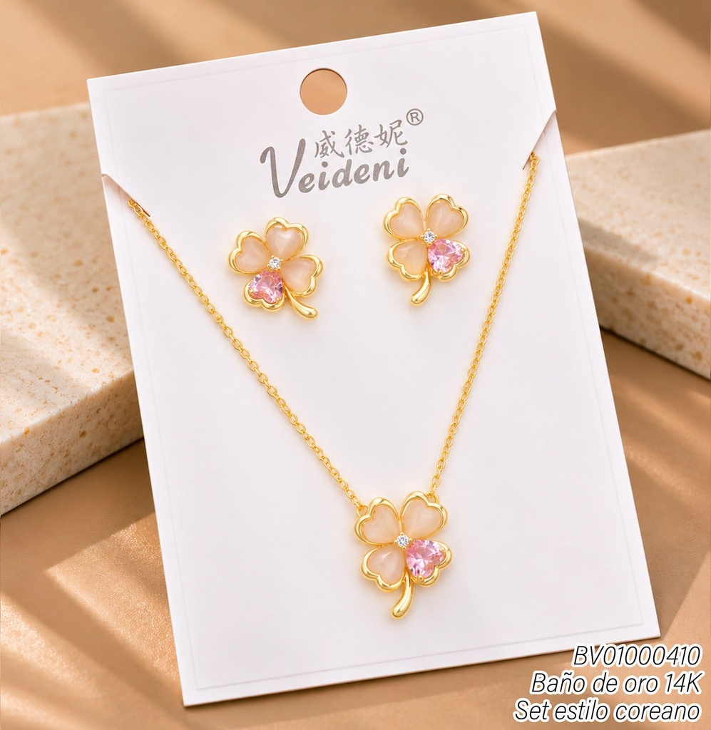 SET BAÑO DE ORO 14K. TREBOL BEIGE C/ZIRC.ROSA WTZ-507 (VEI211026)