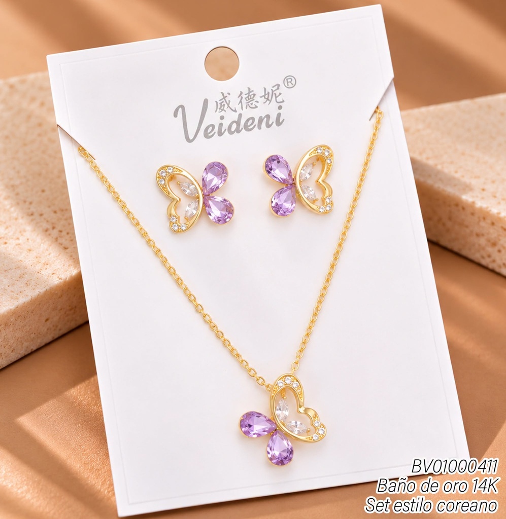 SET BAÑO DE ORO 14K.MARIPOSAS ZIRC.LILAS-CROQUI WTZ-294 (VEI211026)