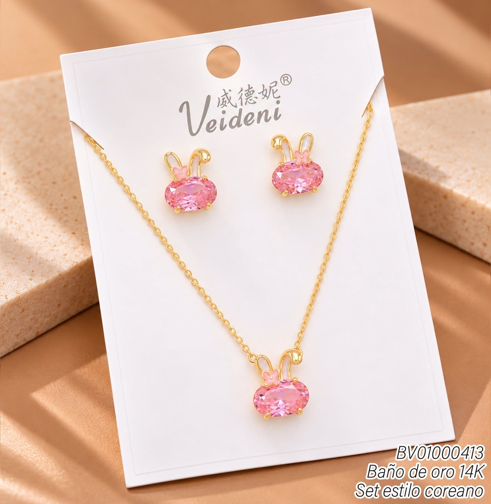 SET BAÑO DE ORO 14K.CONEJITA ZIRC.ROSA WTZ-642 (VEI211026)