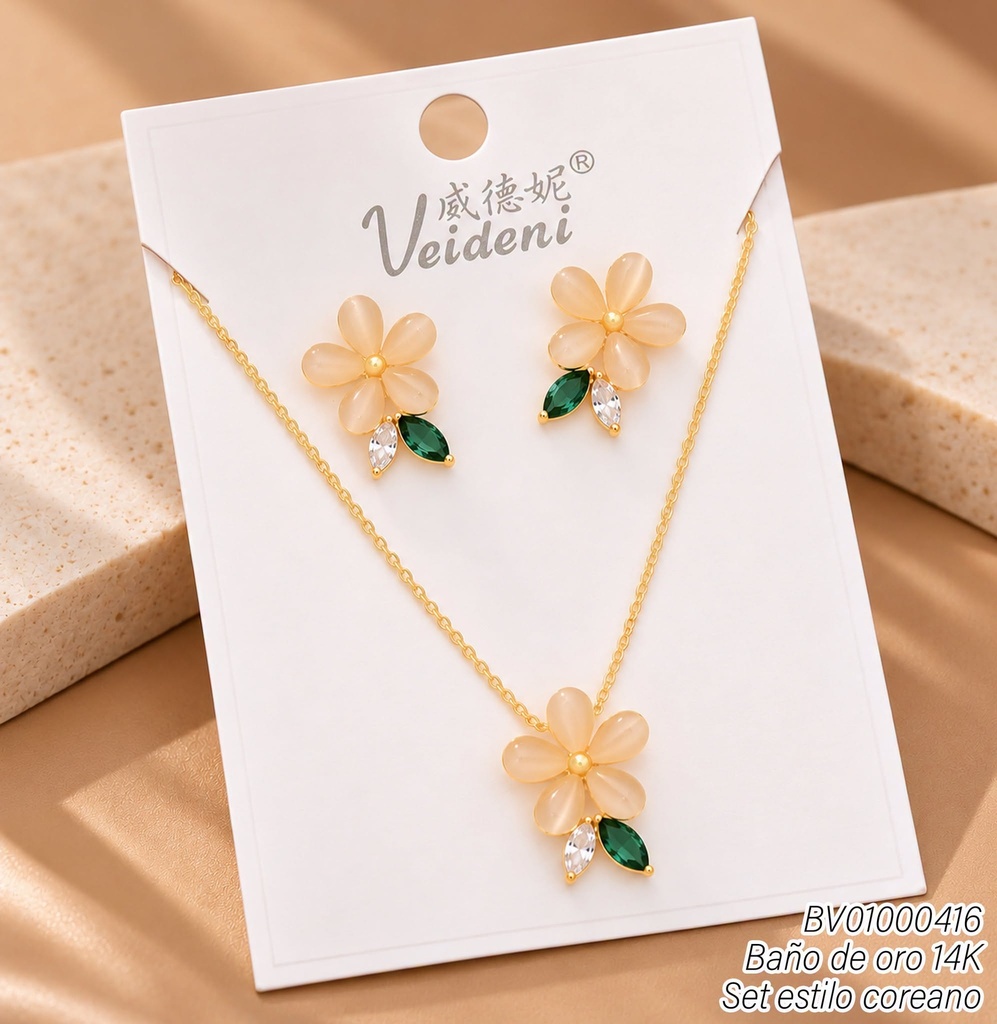 SET BAÑO DE ORO 14K.FLOR BEIGE 5 PETALOS WTZ-494 (VEI211026)