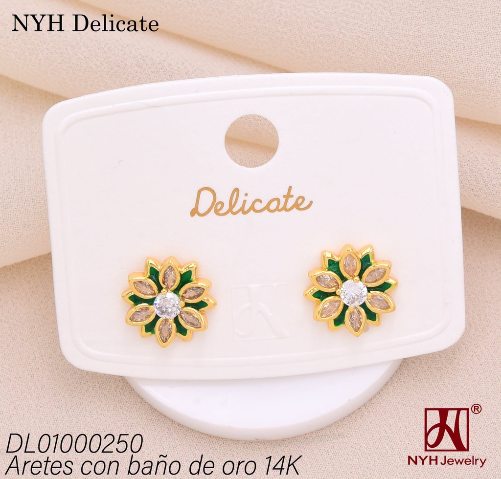ARETES BAÑO DE ORO 14K. FLOR VERDE (DEL212026)