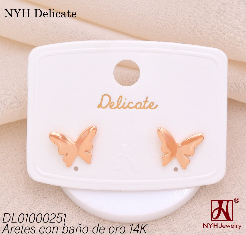 ARETES BAÑO DE ORO 14K. MARIPOSA (DEL212026)