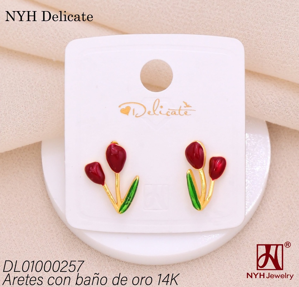 ARETES BAÑO DE ORO 14K. TULIPAN ROJO (DEL212026)