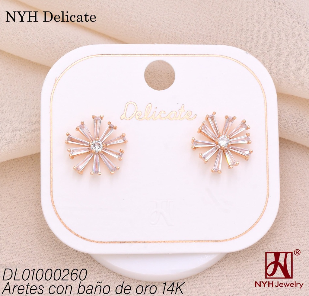 ARETES BAÑO DE ORO 14K. FLOR ZIRC. RECT (DEL212026)
