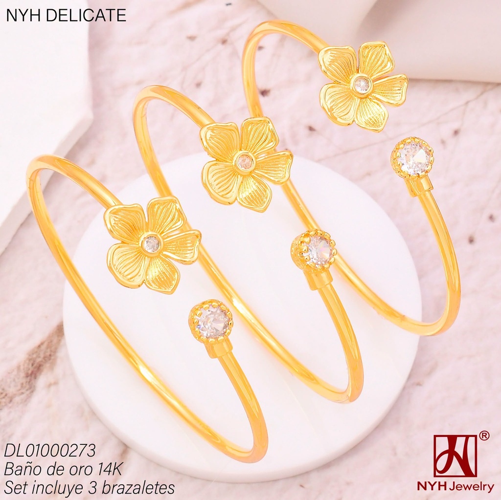 SET 3 BRAZALETES BAÑO DE ORO 14K. FLOR/ZIRC. (DEL211026)