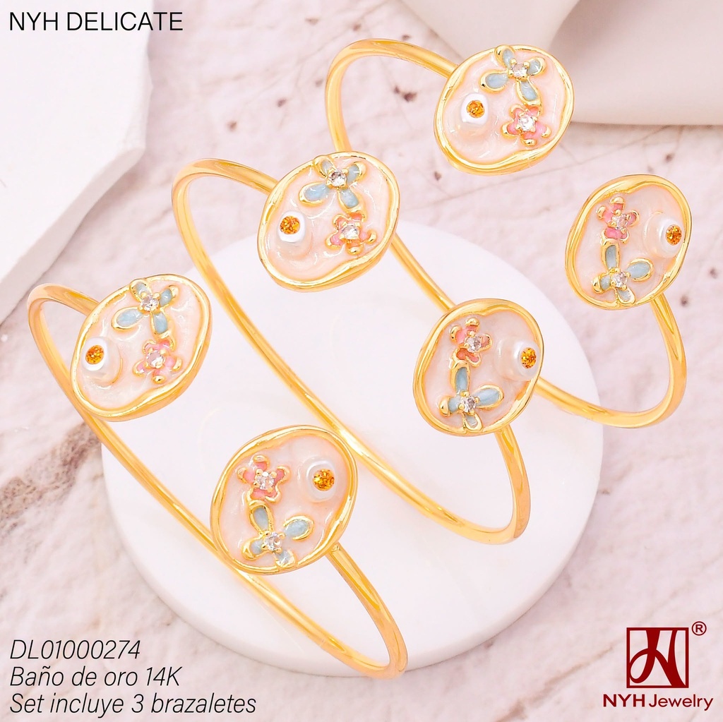 SET 3 BRAZALETES BAÑO DE ORO 14K. OV. CREMA (DEL211026)