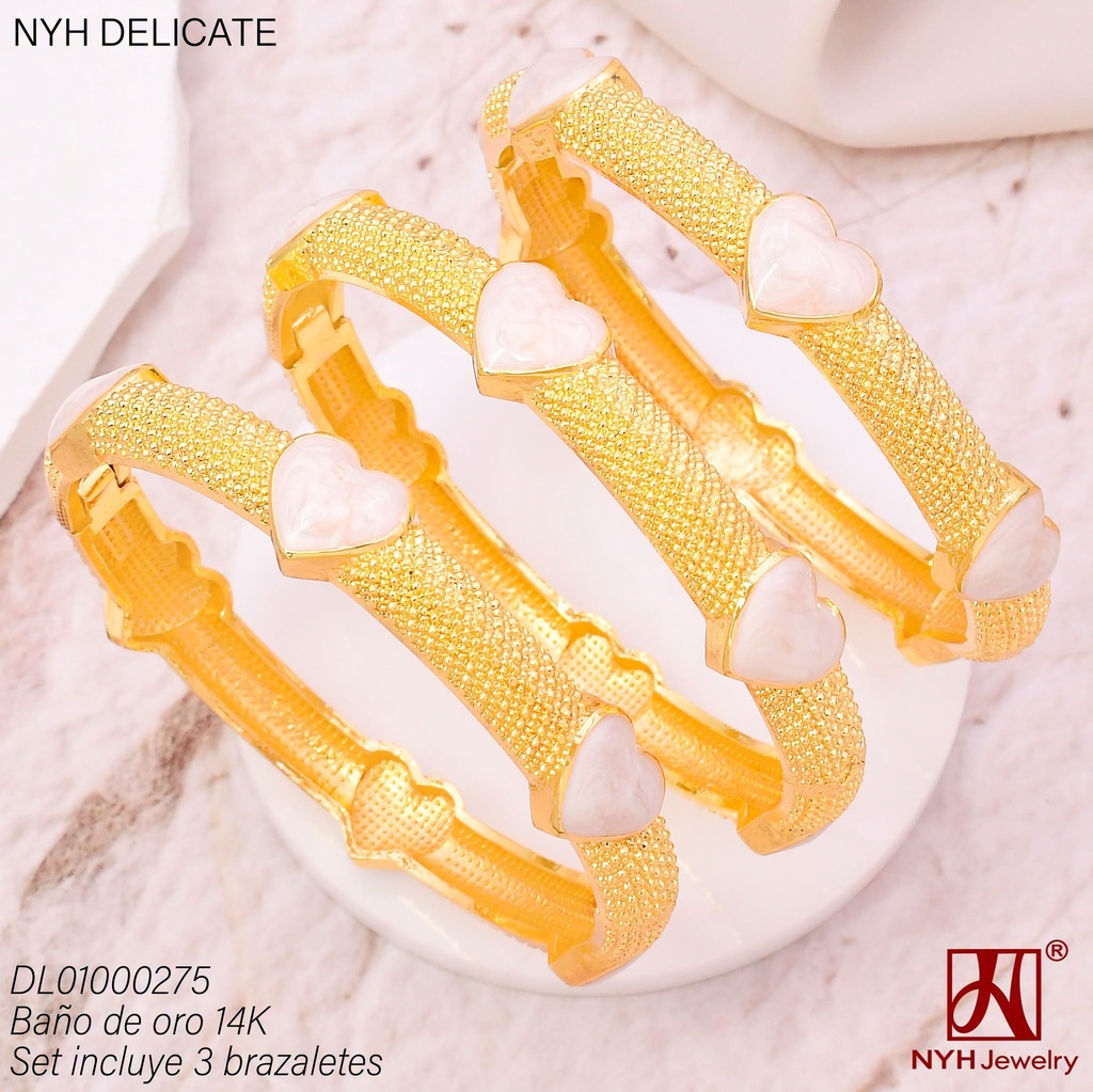 SET 3 BRAZALETES BAÑO DE ORO 14K. ESMALTADO CORAZON (DEL211026)
