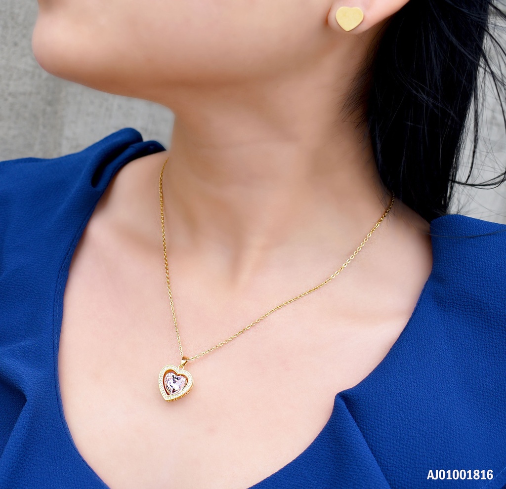  JUEGO ARETES CORAZÓN,DIJE CORAZÓN ROSADO RODEADO DE ZIRCONIAS