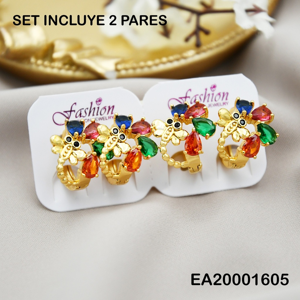 PAQUETE 2 PARES ARETES HUGGIES ZIRCONIAS COL C/ABEJITA(SURT)