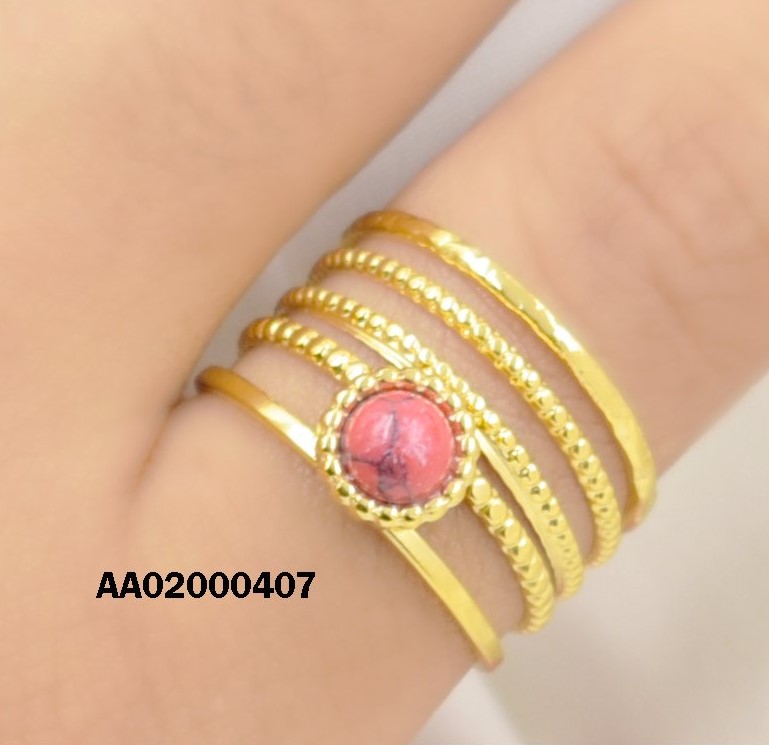 ANILLO 5 LÍNEAS VARIAS C/PIEDRA REDONDA FUCSIA