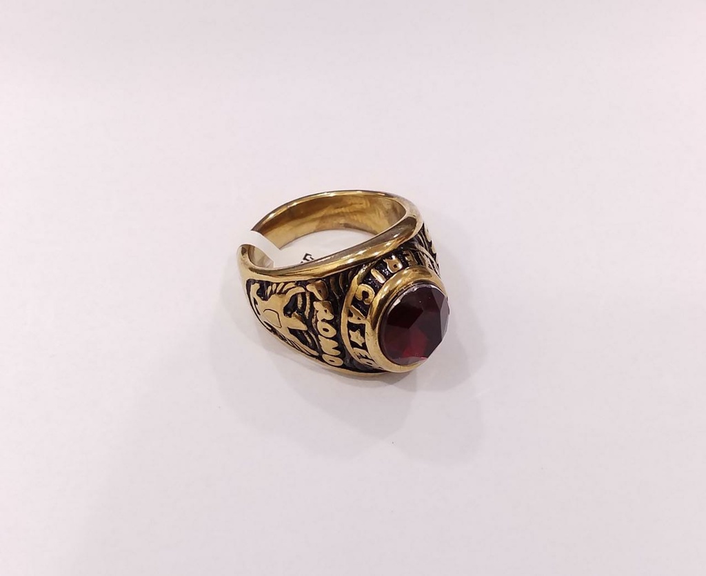 ANILLO ACERO DORADO DE CABALLERO ESTILO GRADUACION DE PIEDRA ROJA