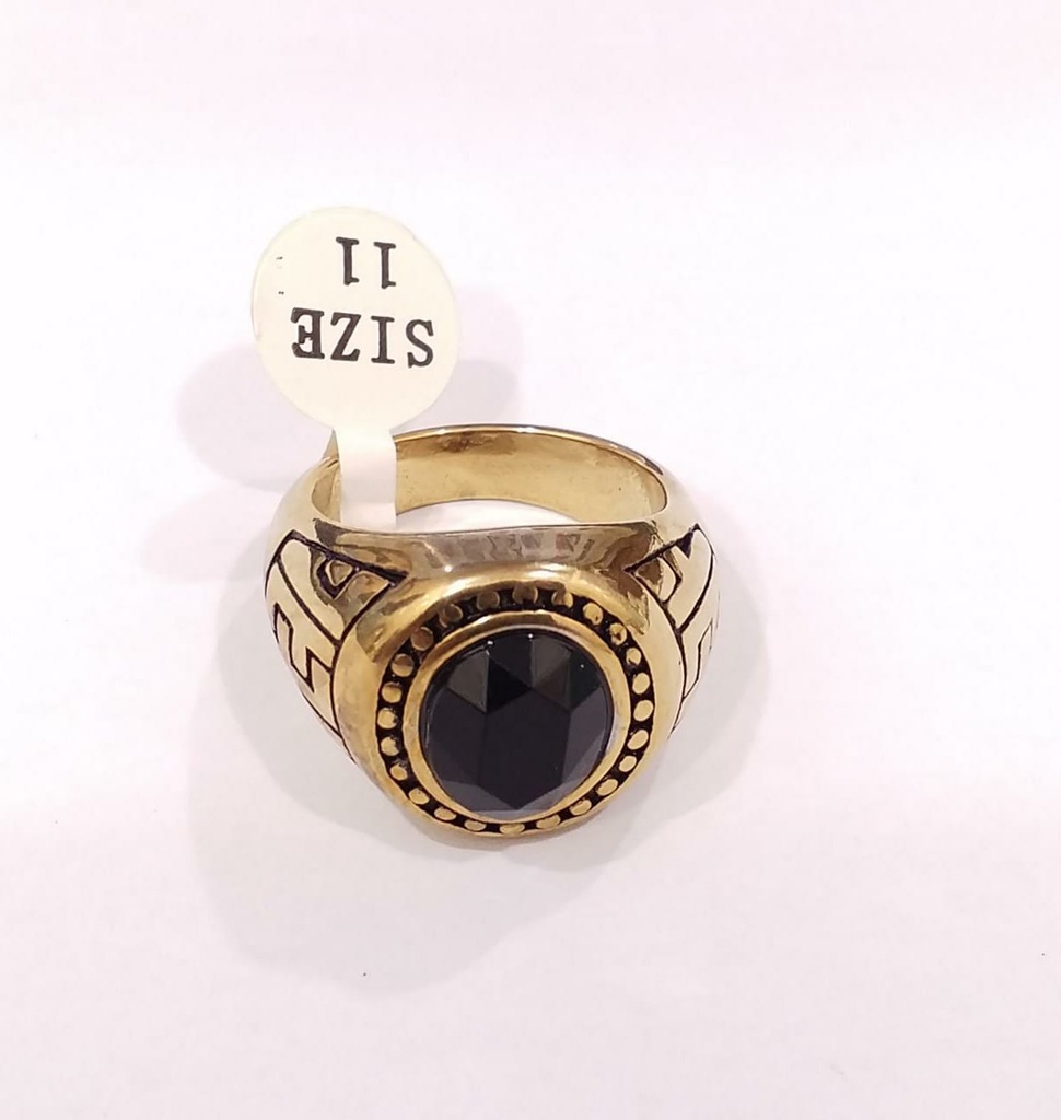 ANILLO ACERO DORADO DE PIEDRA REDONDA NEGRA ESTILO GRADUACION PARA CABALLERO