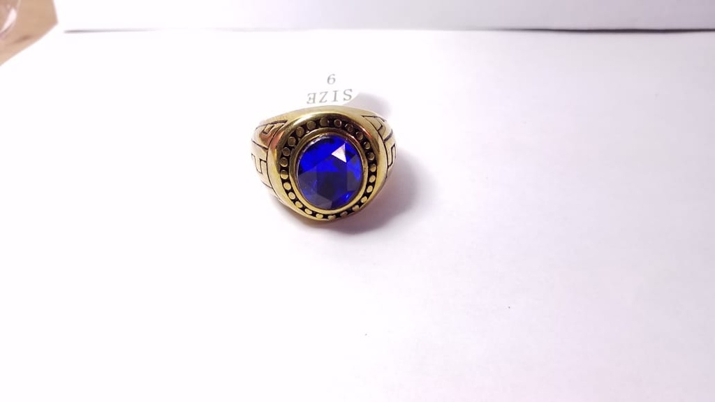 ANILLO ACERO DORADO ESTILO GRADUACION PARA CABALLERO DE PIEDRA AZUL REDONDA
