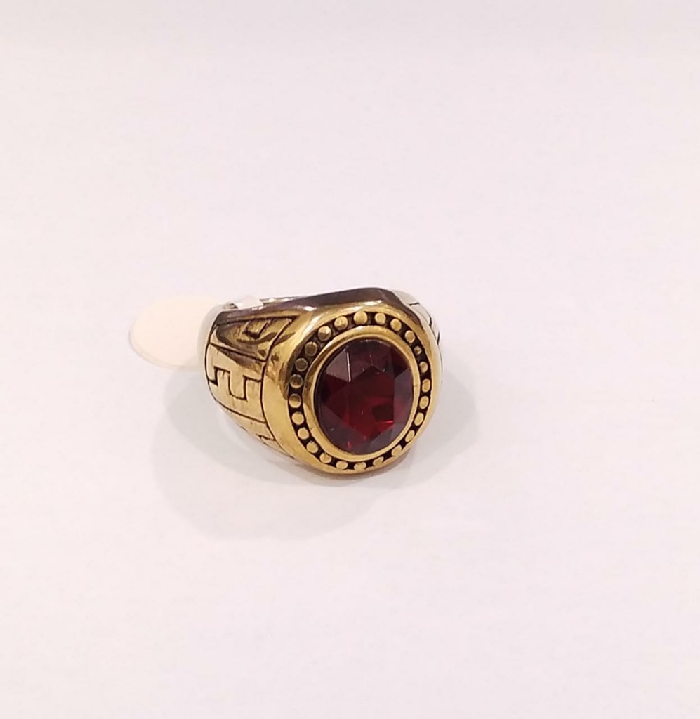 ANILLO ACERO DORADO ESTILO GRADUACION PARA CABALLERO PIEDRA REDONDA ROJA