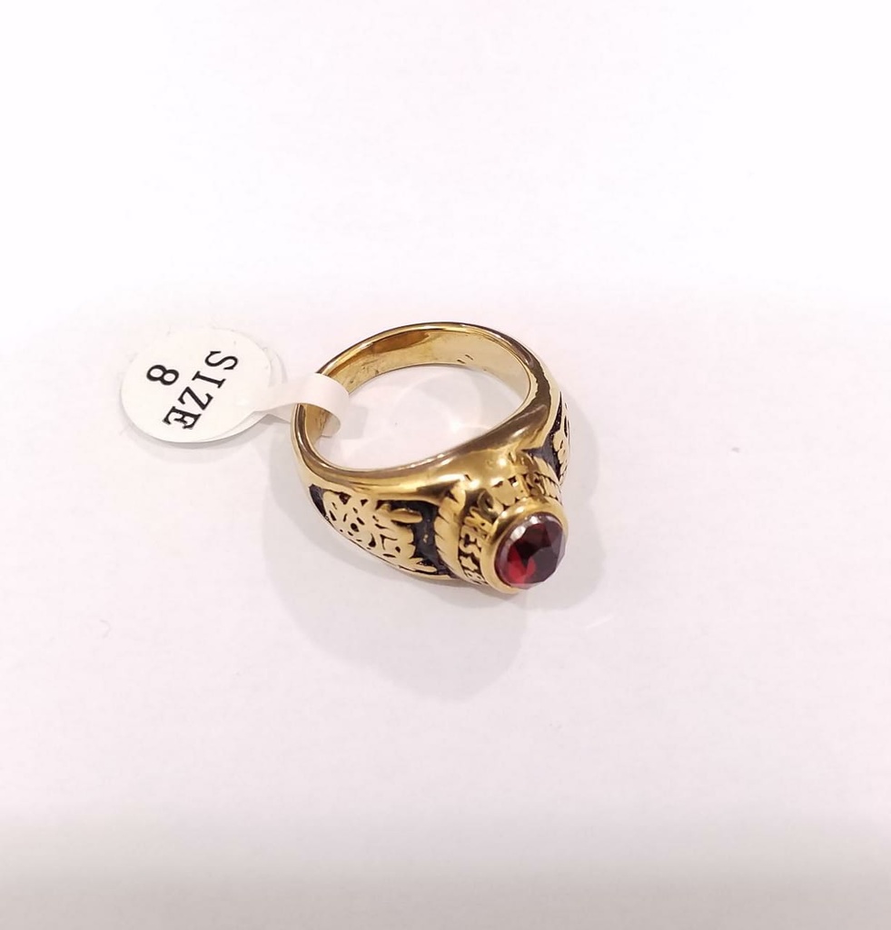 ANILLO ACERO DORADO ESTILO GRADUACION PARA DAMA DE PIEDRA ROJA SOBRESALIENTE CON ESCUDO