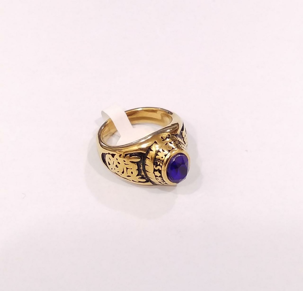 ANILLO ACERO DORADO ESTILO GRADUACION PIEDRA AZUL