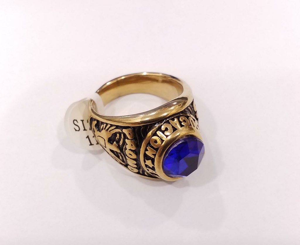 ANILLO ACERO DORADO ESTILO GRADUCAION DE PIEDRA AZUL MARINO SOBRESALIENTE