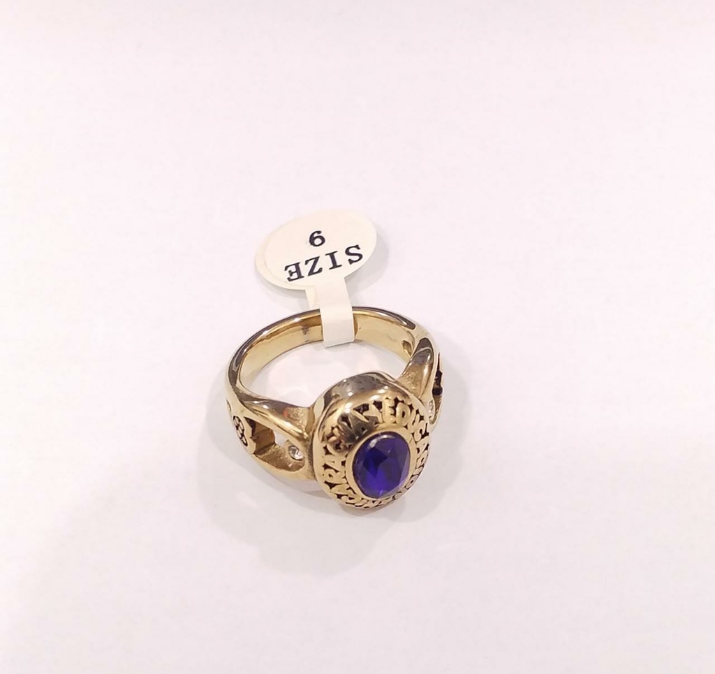 ANILLO ACERO DORADO PARA DAMA ESTILO GRADUACION CON PIEDRA AZUL