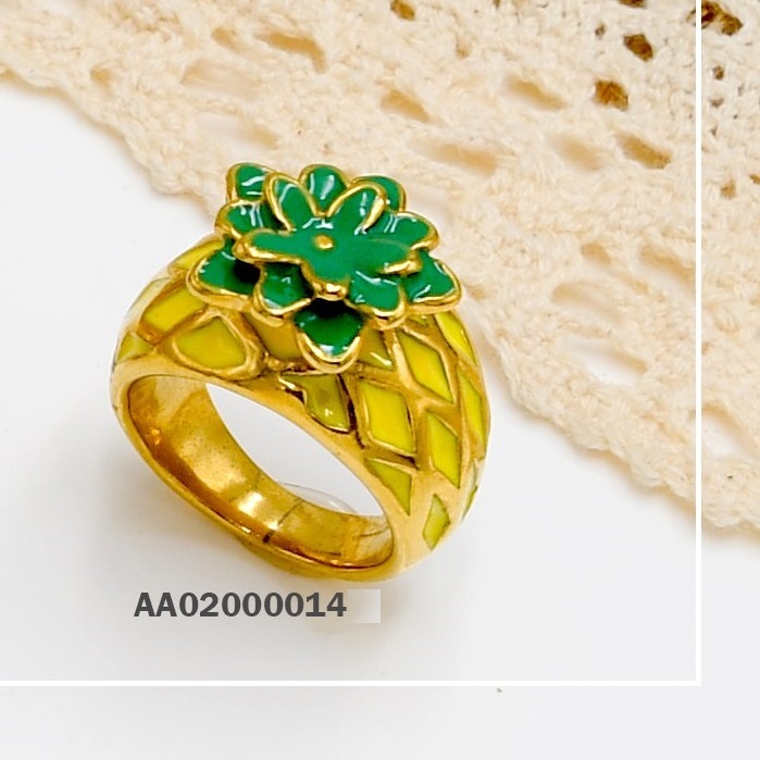 ANILLO ACERO DORADO PIÑA ACRILICO VERDE