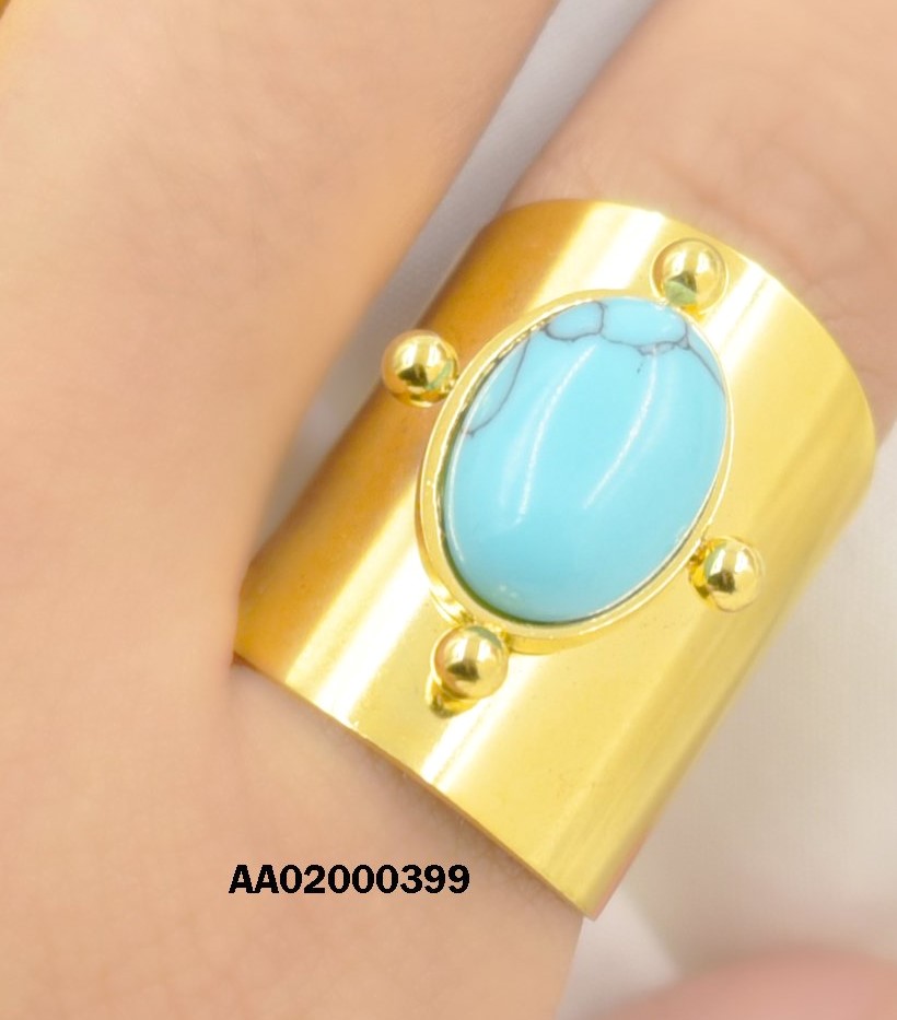 ANILLO AJUSTABLE ANCHO LISO PIEDRA REDONDA TURQUESA
