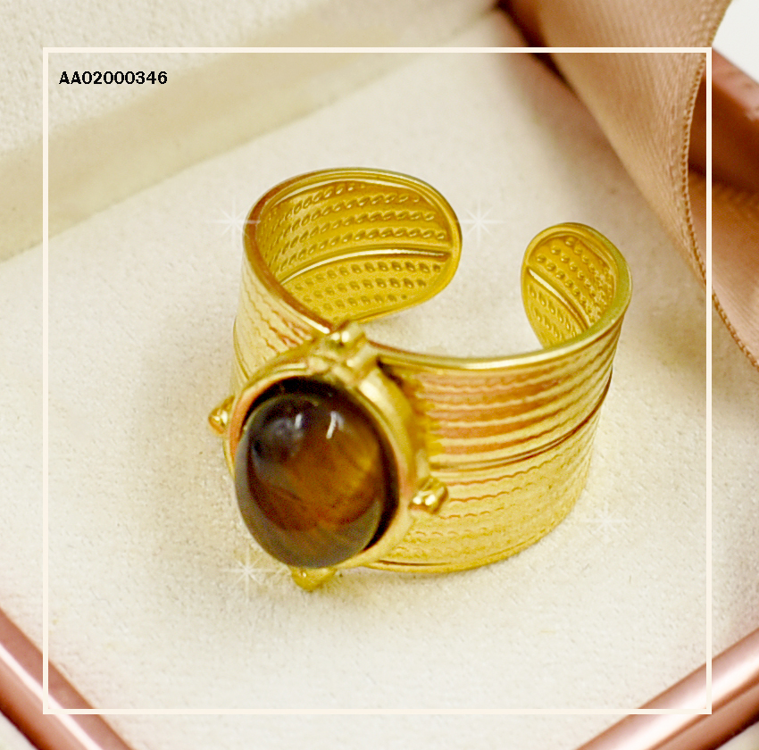 ANILLO ANCHO AJUSTABLE RAYAS GRABADAS C/PIEDRA CAFÉ/LILA