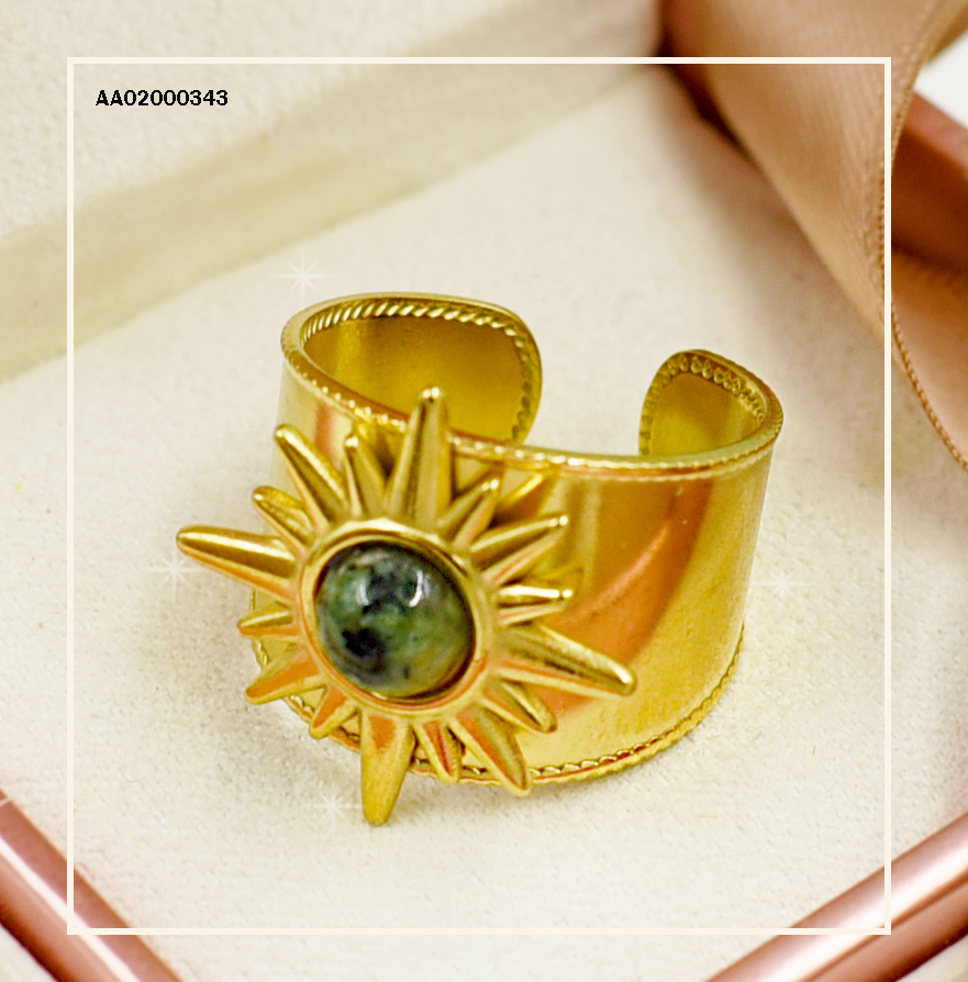 ANILLO ANCHO AJUSTABLE SOL C/PIEDRA NEGRA Y VERDE