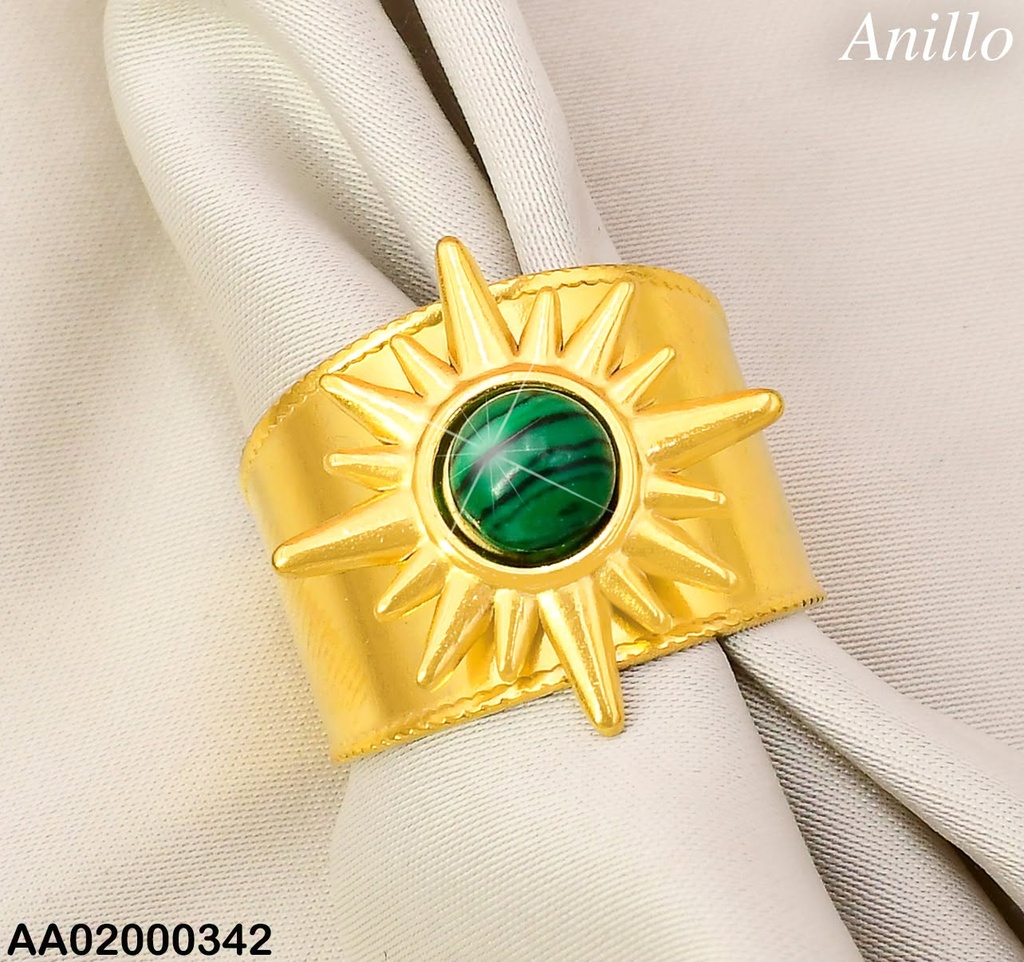 ANILLO ANCHO AJUSTABLE SOL C/PIEDRA VERDE Y NEGRO