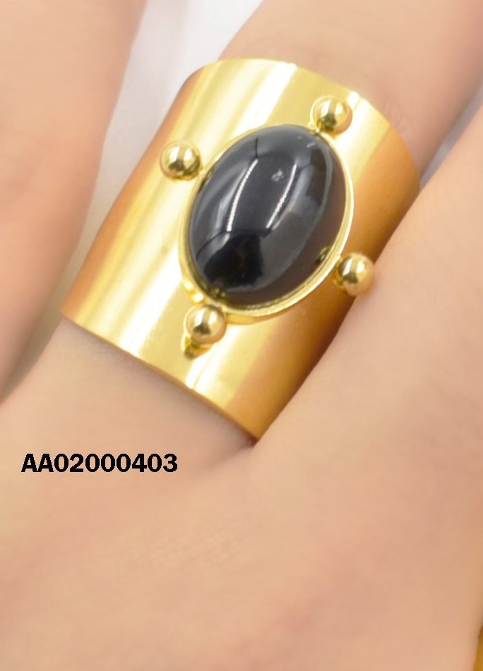 ANILLO ANCHO LISO PIEDRA OVALADA NEGRA 4PUNTOS DOR