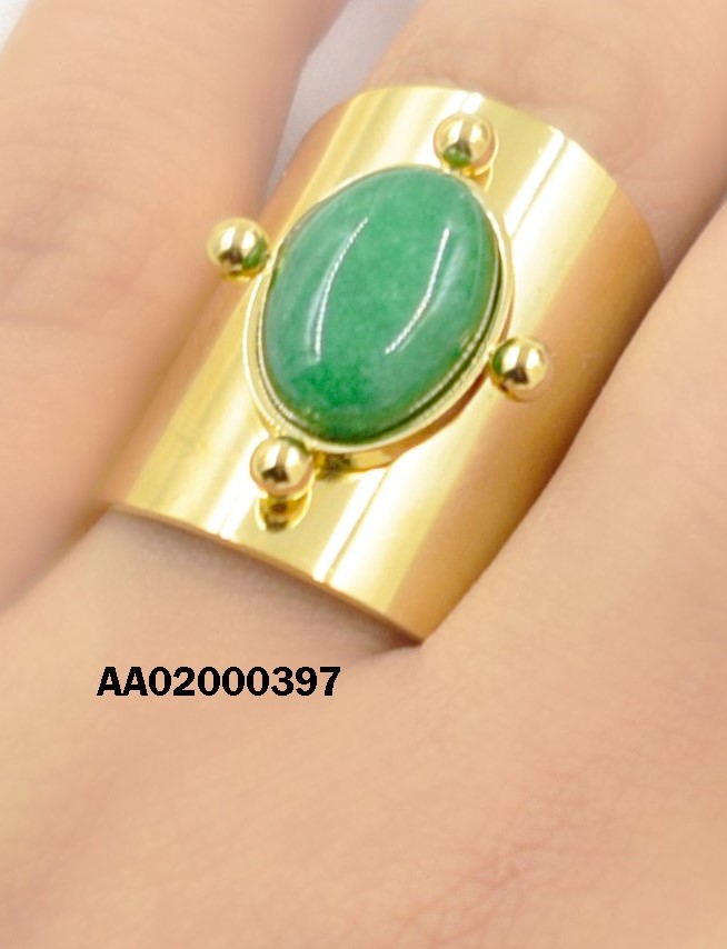 ANILLO ANCHO LISO PIEDRA VERDE OVALADA 4 PUNTOS