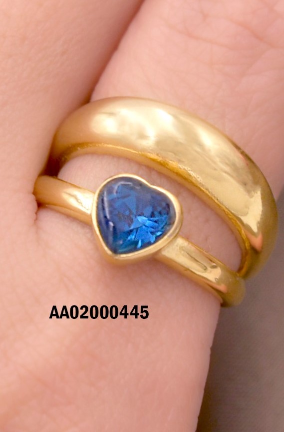 ANILLO DOBLE ZIRCONIA CORAZÓN AZUL/LISO