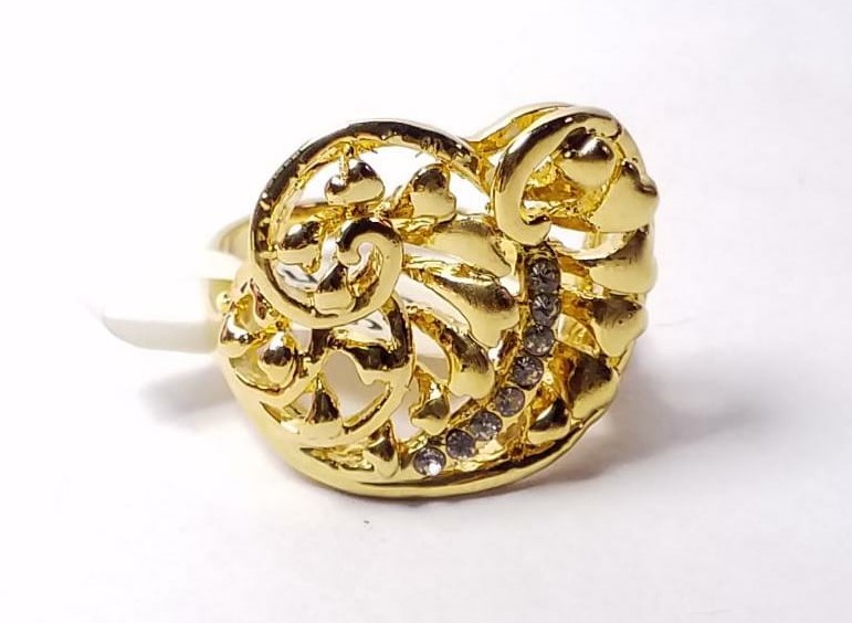 ANILLO ENCHAPADO DORADO DE DOS HOJAS CURVAS CON UNA LINEA DE CIRCONIA