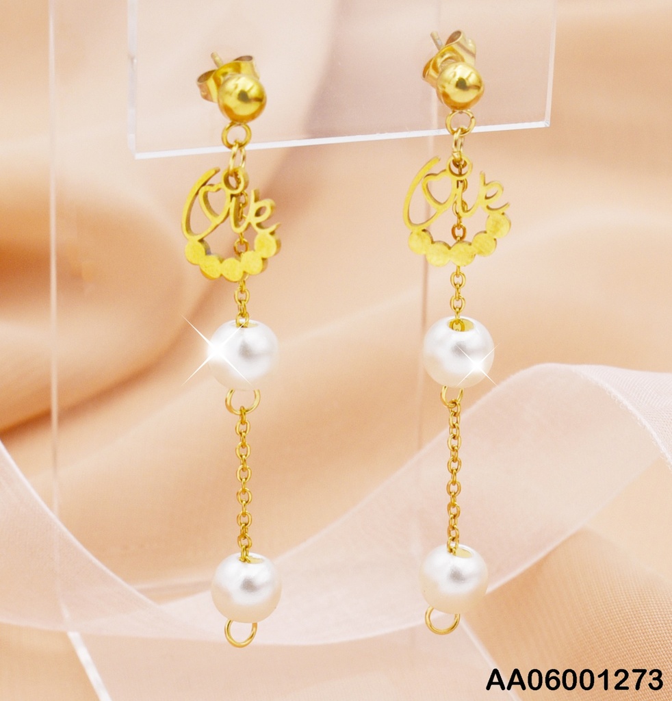 ARETES ACERO "PLACA LOVE" C/CDN COLGANTE C/PERLAS