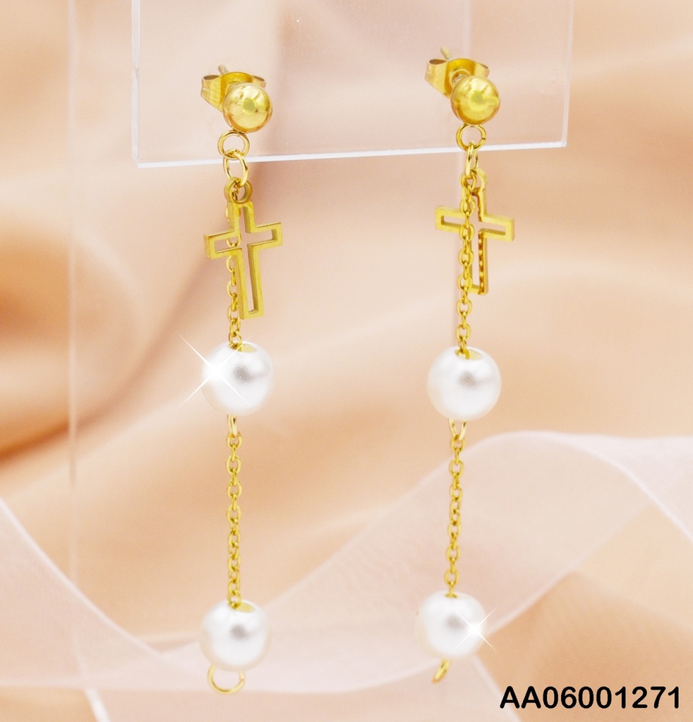 ARETES ACERO CROQUIS CRUZ C/CDN COLGANTE C/PERLAS